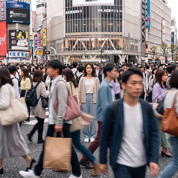 雑踏の中に静かに立つ人